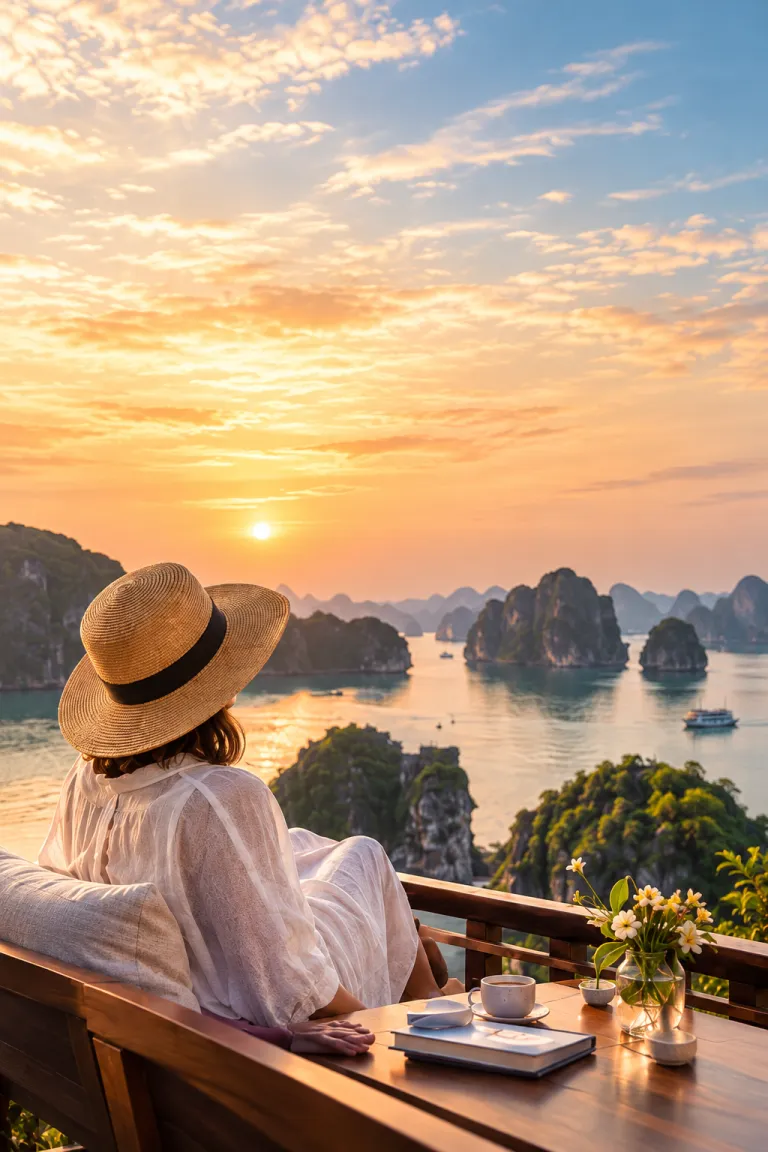 A woman in a straw hat watching the sun set over the bay
