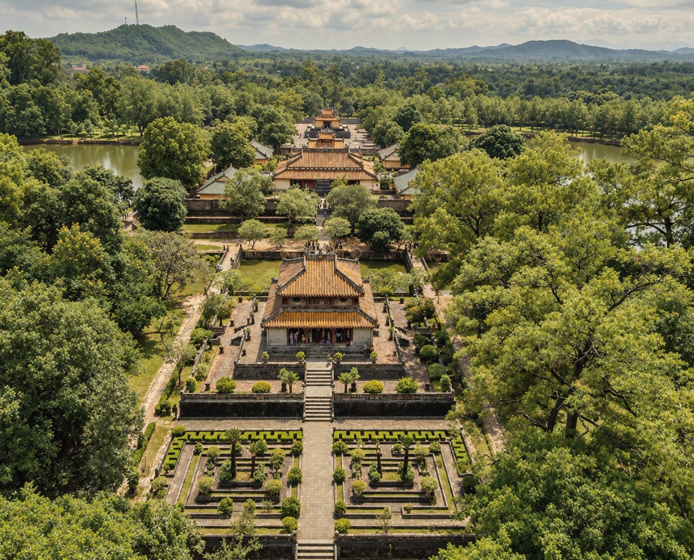 Aerial view of the Hue Imperial City surrounded by green trees