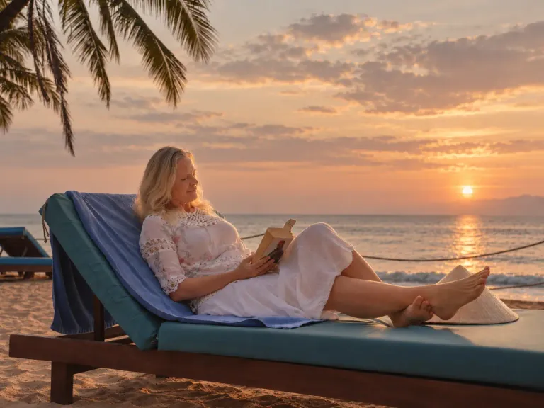 A woman reading on a beach lounger at sunset