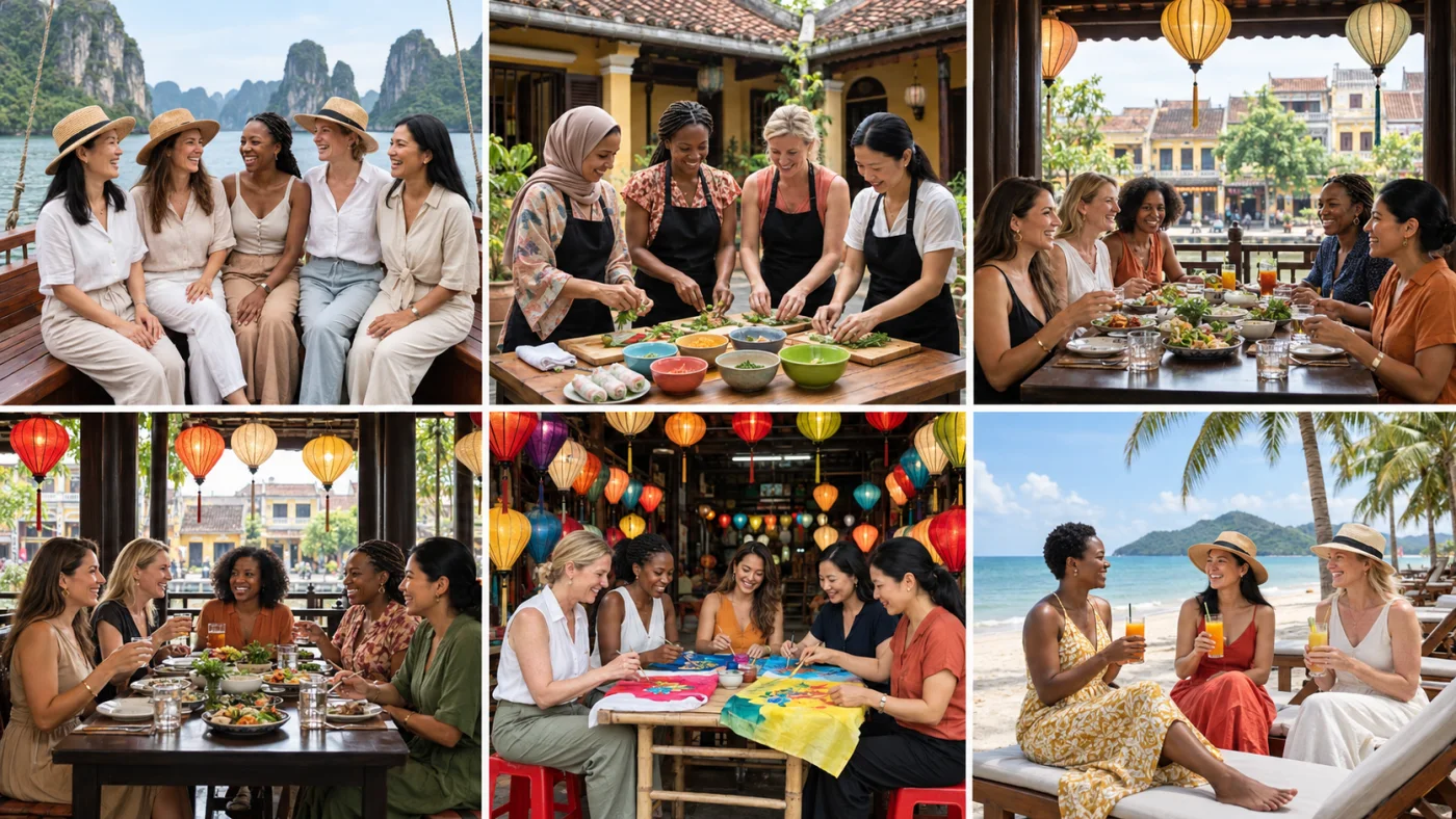 Moments from a Blooming Passage journey: a boat trip, a cooking class, lantern-lit dinners, silk painting and time on the beach
