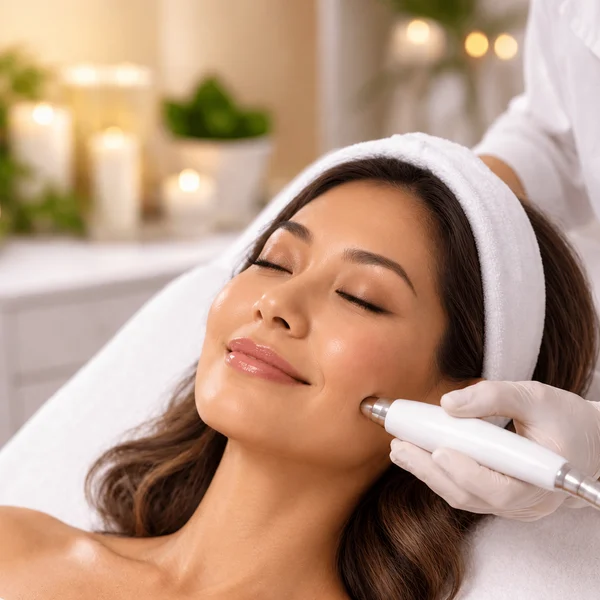 A woman relaxing with her eyes closed during a gentle facial treatment in a candlelit spa