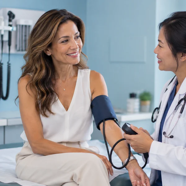 A smiling woman having her blood pressure checked by a friendly doctor
