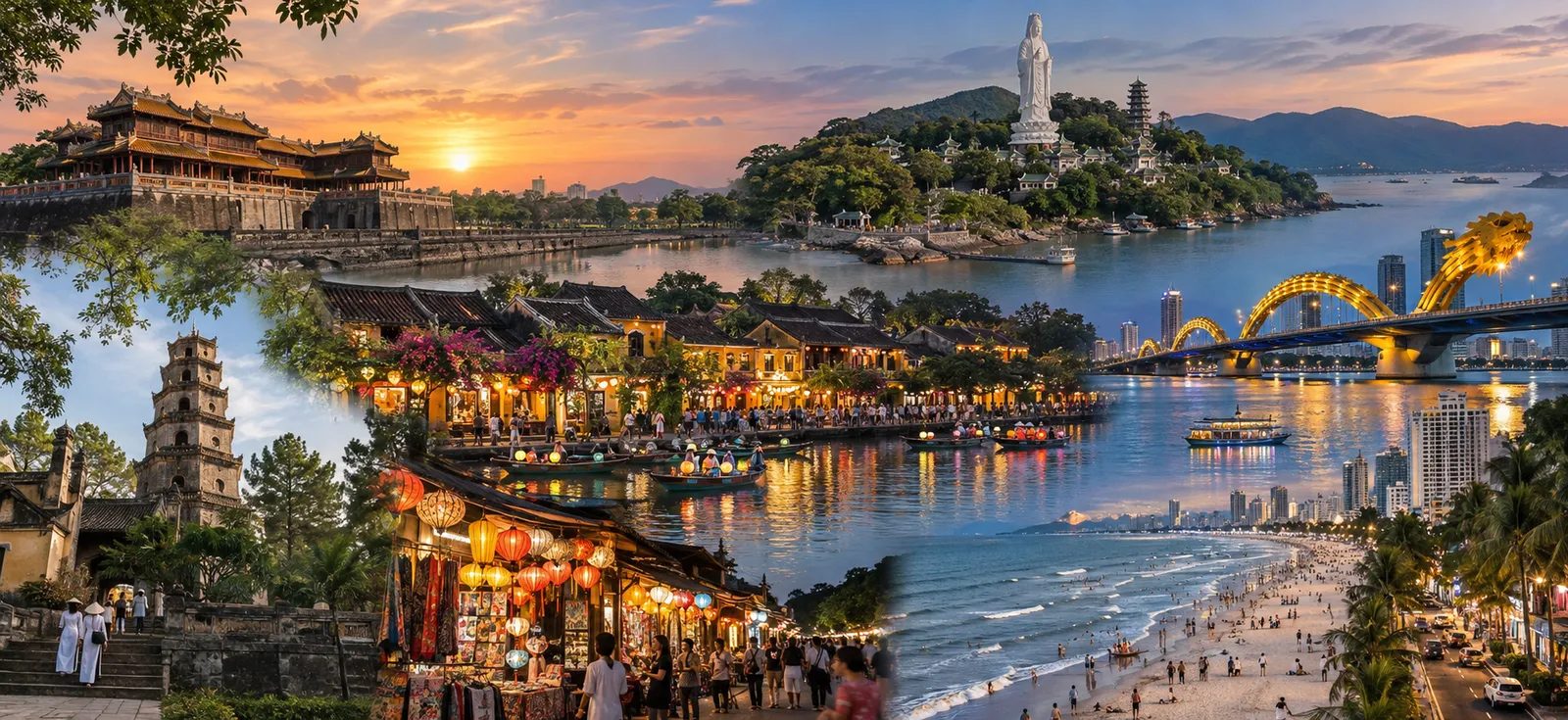 A sunset panorama of Central Vietnam: Hue's citadel and Thien Mu Pagoda, Hoi An's lantern-lit river, Lady Buddha and the Dragon Bridge in Da Nang