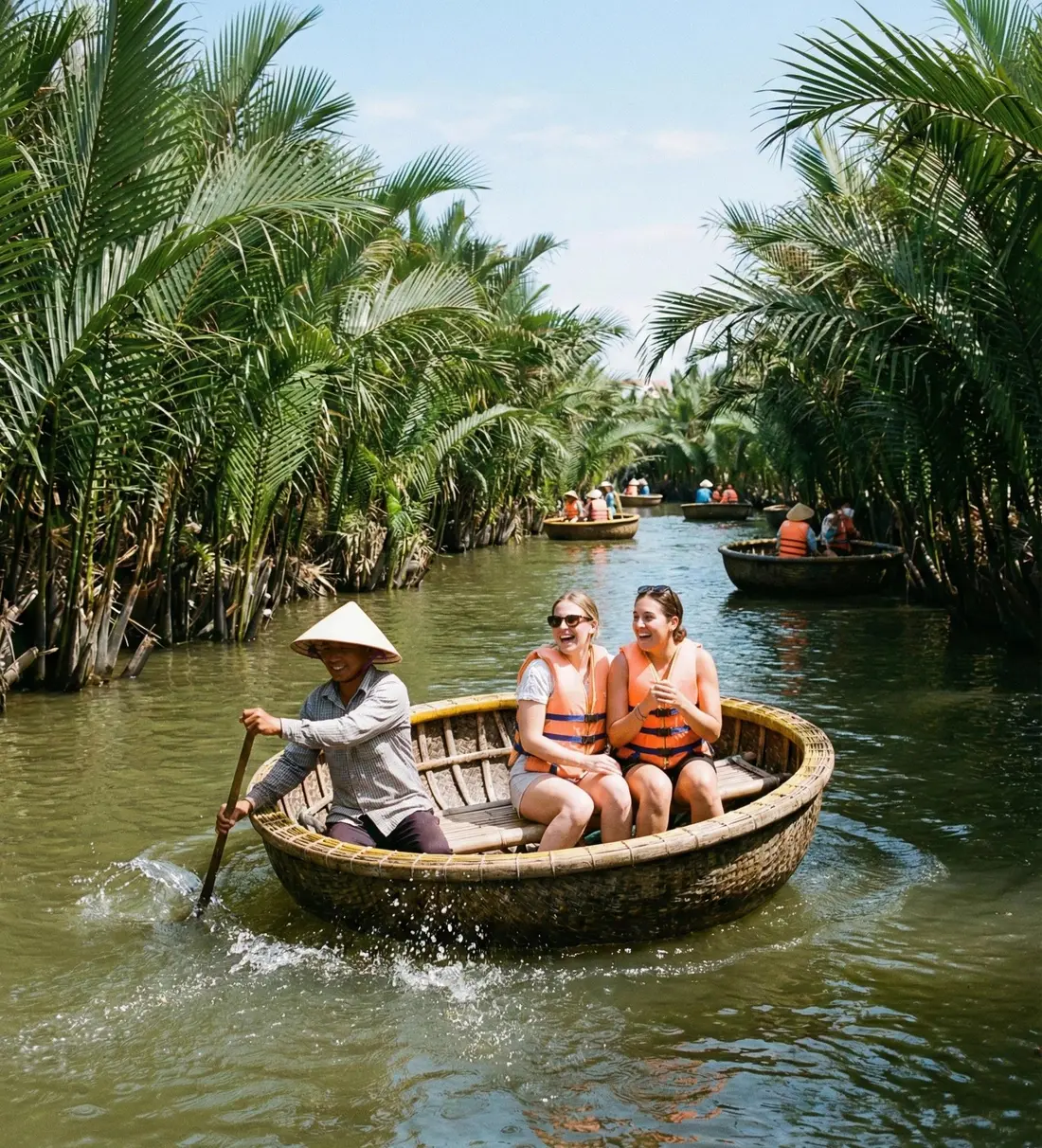 Two friends laughing in a bamboo basket boat through the coconut palms near Hoi An