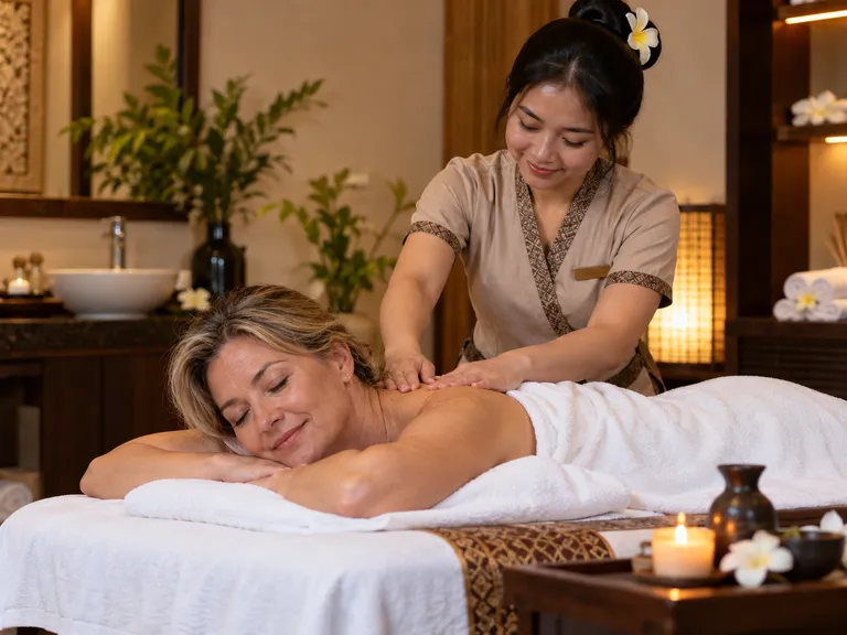 A therapist giving a guest a relaxing back massage in a candlelit spa