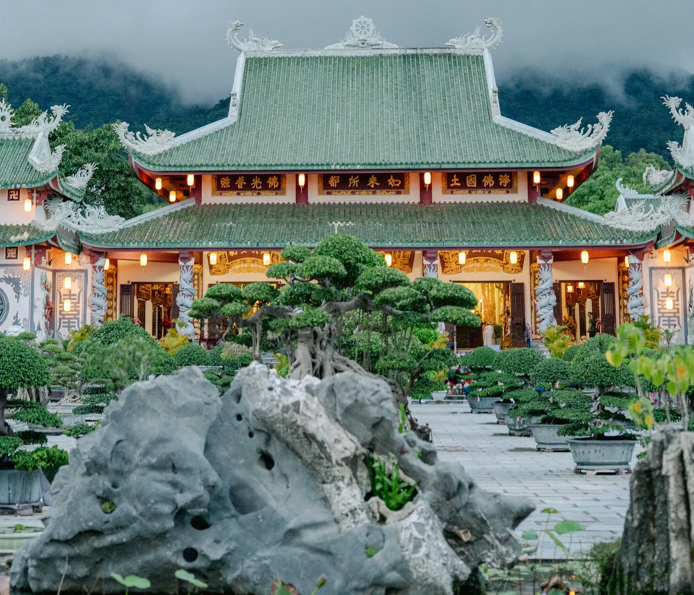 Linh Ung Pagoda on the Son Tra Peninsula, framed by bonsai gardens