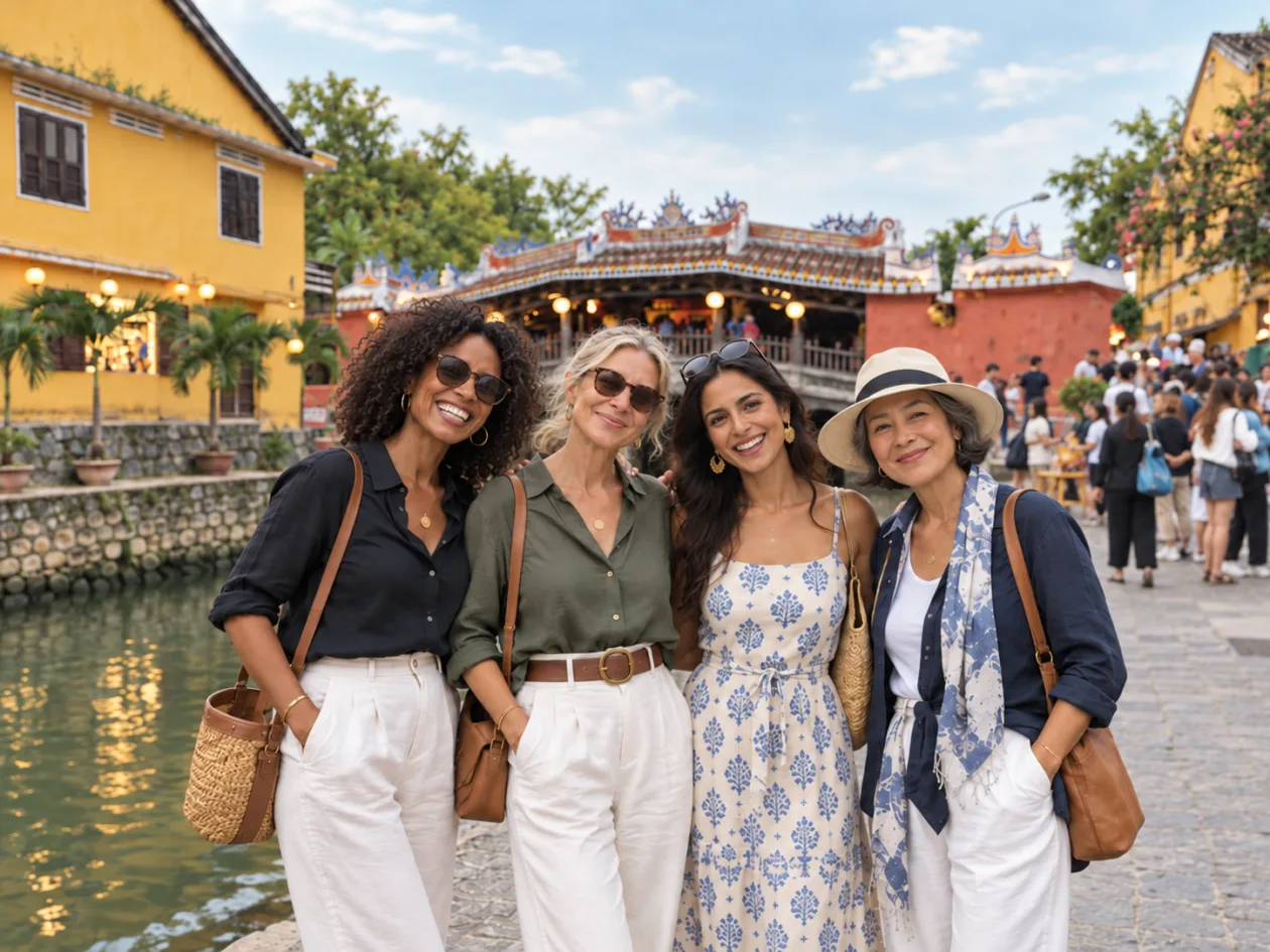 Four women friends smiling together beside the river in front of the Japanese Covered Bridge in Hoi An