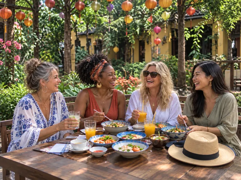 Four friends laughing over lunch in a lantern-hung garden
