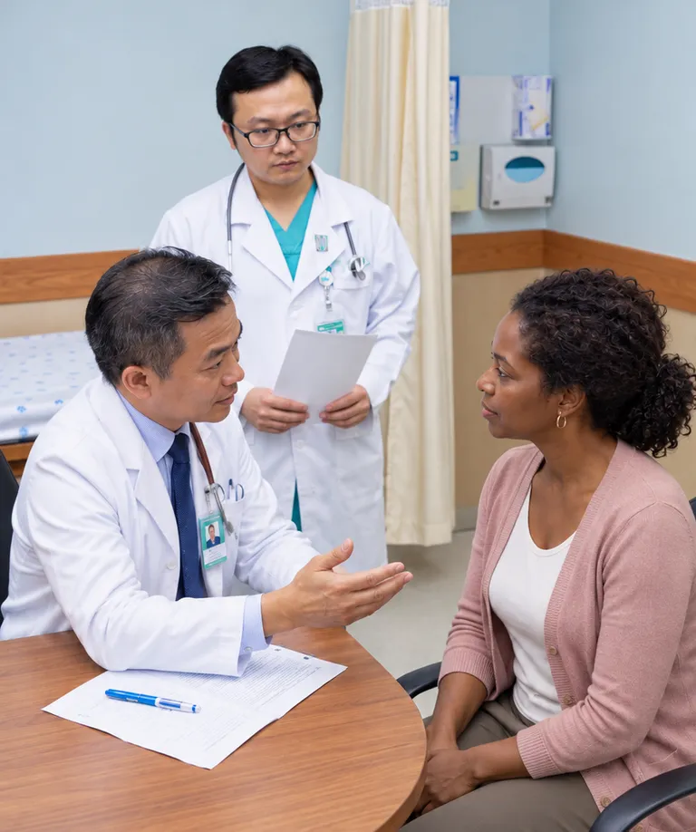 Two doctors talking a guest through her health assessment