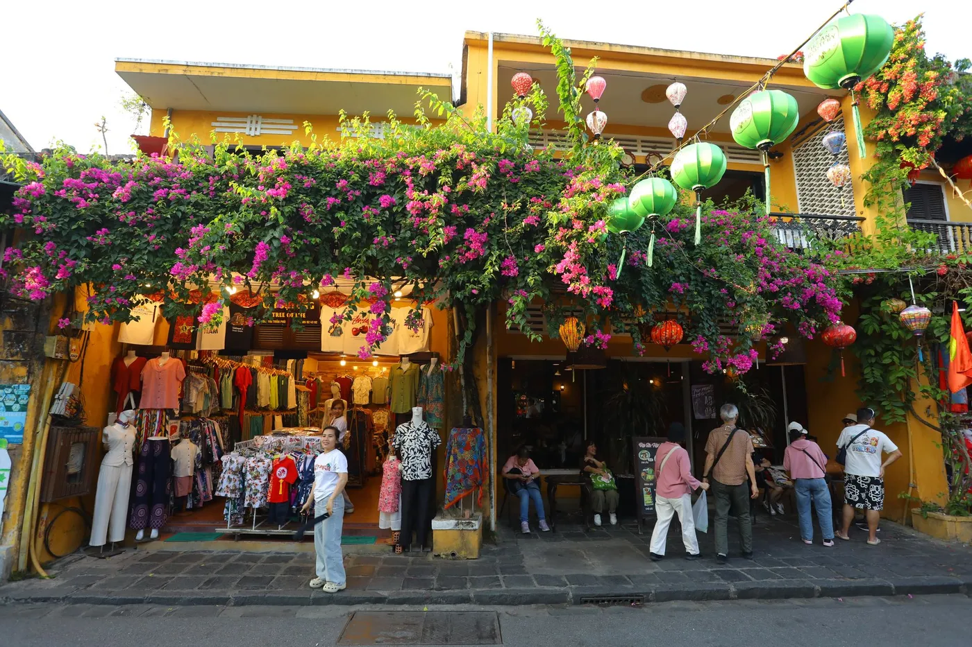 Bougainvillea and lanterns over a shop in Hoi An