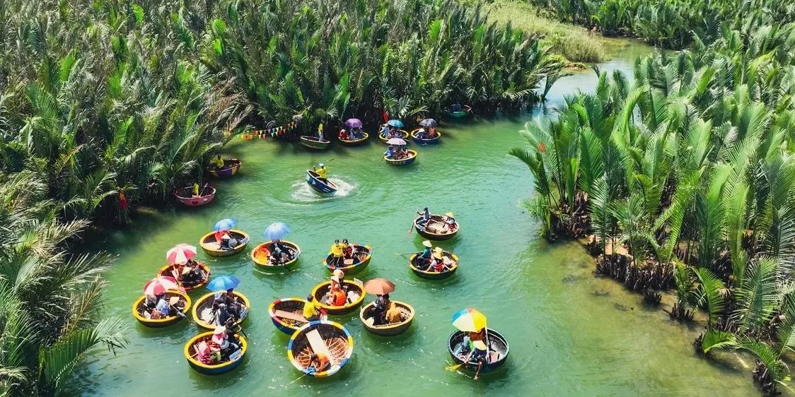Colourful basket boats gathered on a green waterway in the Cam Thanh coconut forest