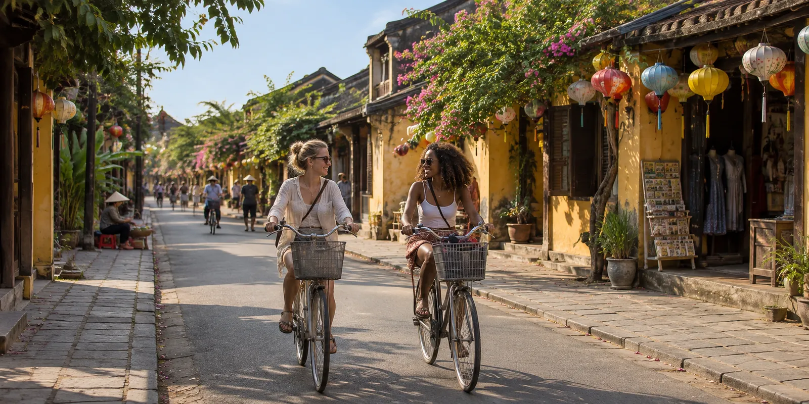 Two friends cycling down a lantern-hung street in Hoi An Ancient Town