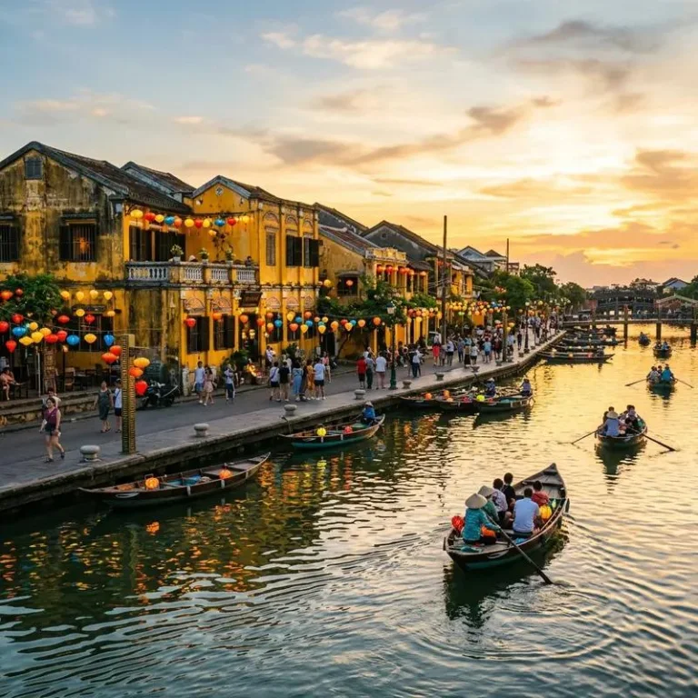 Boats on the Thu Bon River beside Hoi An's lantern-lit old town at sunset