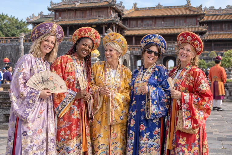 Five women travellers dressed in Nguyen-dynasty royal costumes at the Hue Imperial City