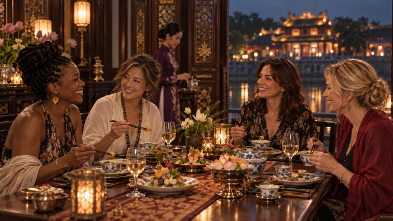 Four women friends sharing a royal-style dinner by candlelight, with the illuminated Hue Imperial City across the river
