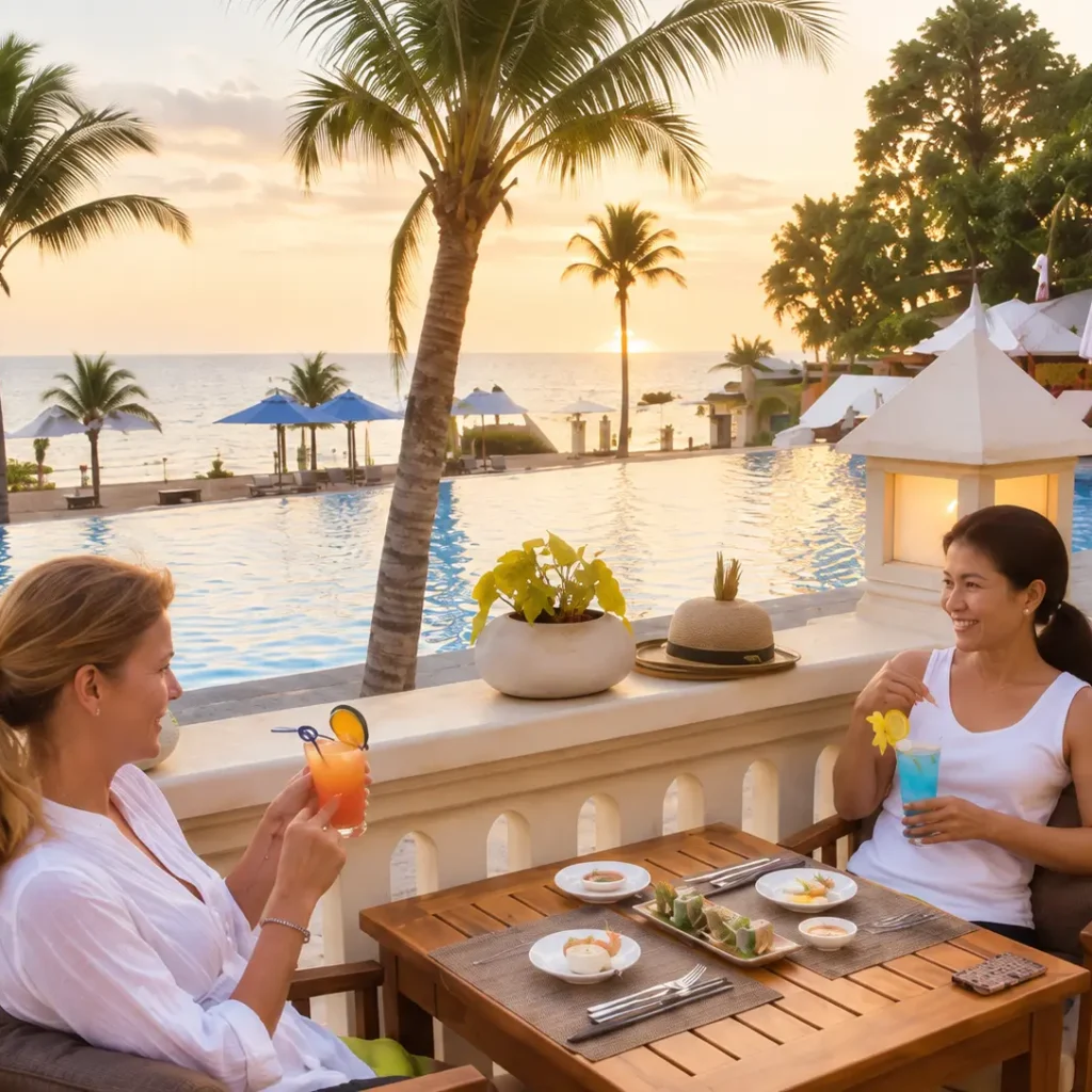 Friends enjoying drinks on a terrace above a resort pool