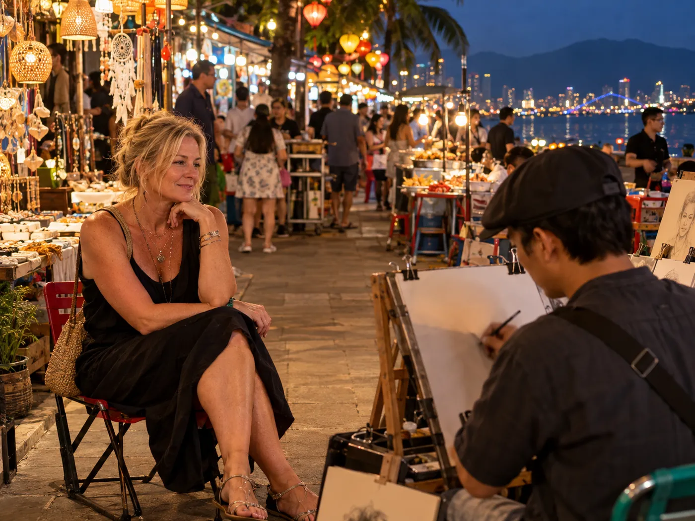 A street artist sketching a traveller's portrait at a riverside night market