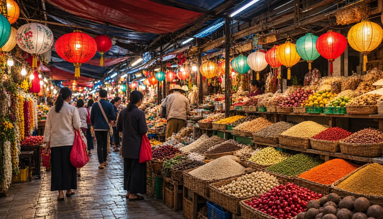 A lantern-lit market with baskets of spices, grains and fresh produce