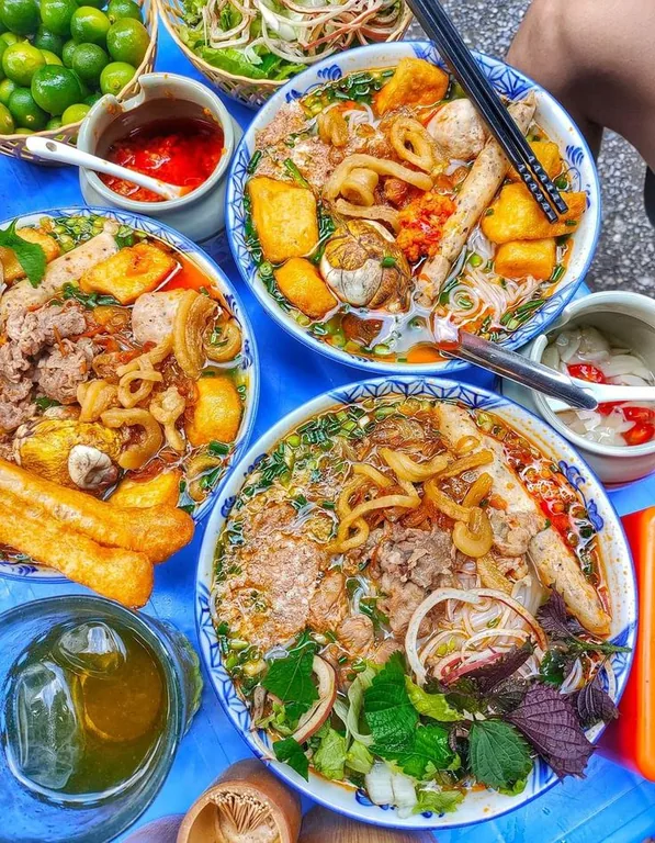 Colourful bowls of Vietnamese noodle soup