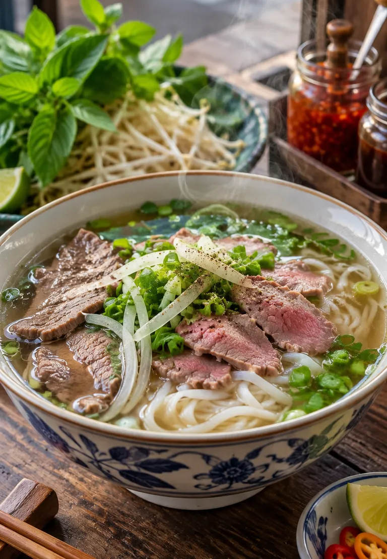 A steaming bowl of beef pho with fresh herbs, bean sprouts and chilli