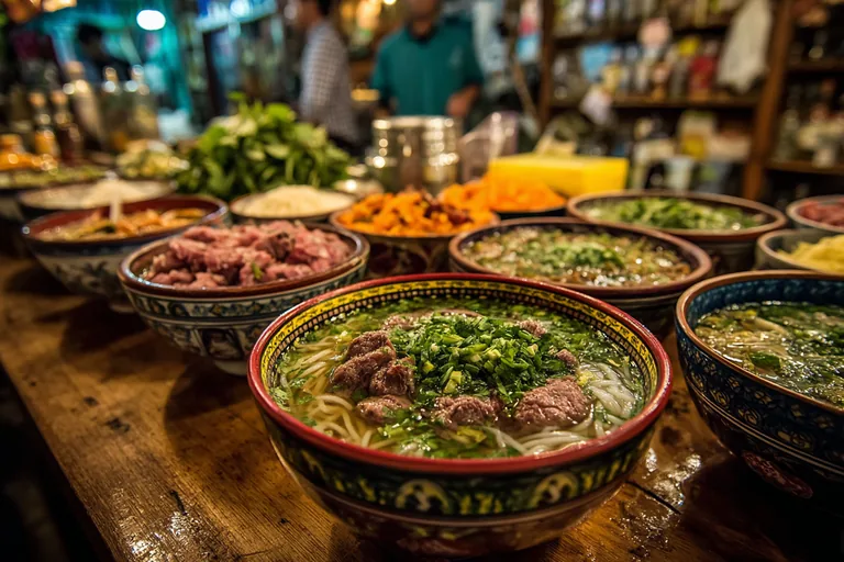 Bowls of pho at a lively food stall