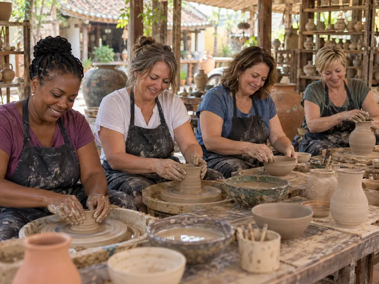 Four friends laughing at the potter's wheel in a sunlit village workshop