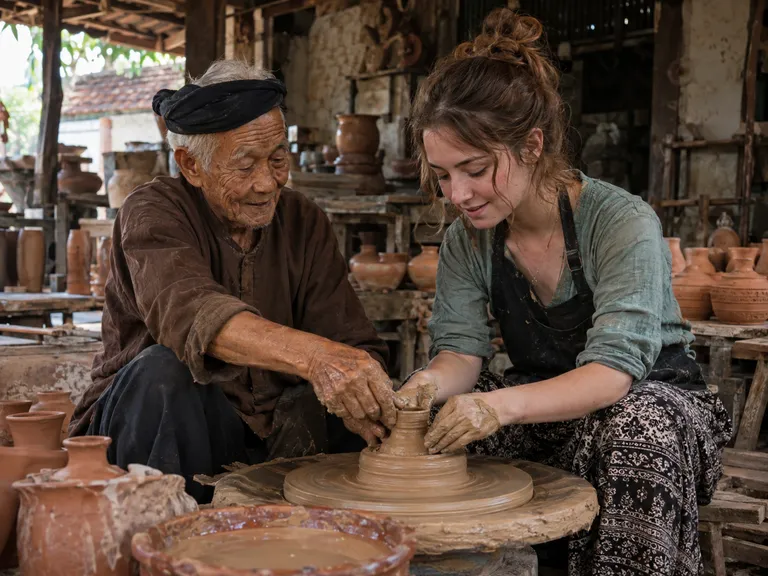An elderly potter guiding a traveller's hands at the wheel in a rustic workshop