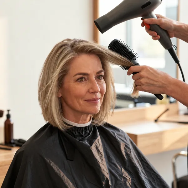 A stylist blow-drying a guest's blonde bob in a bright salon
