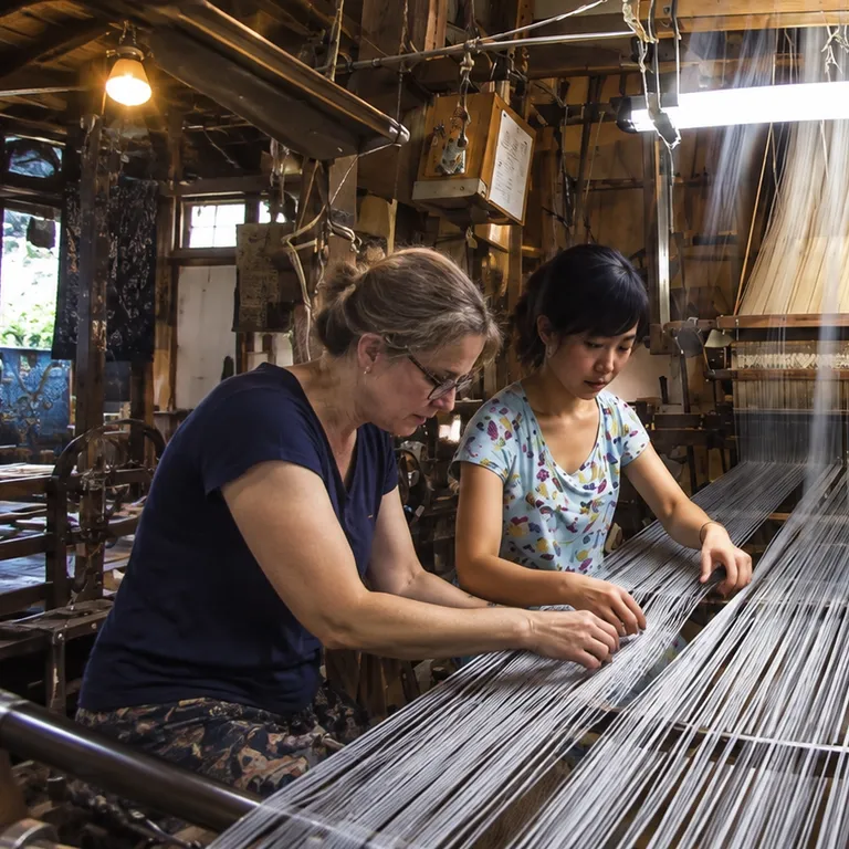 A traveller learning to weave on a traditional loom beside a young local artisan