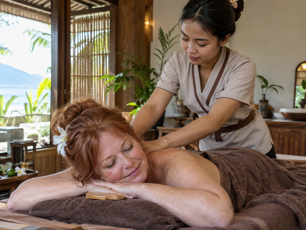 A therapist massaging a smiling guest in an open-air spa beside the sea