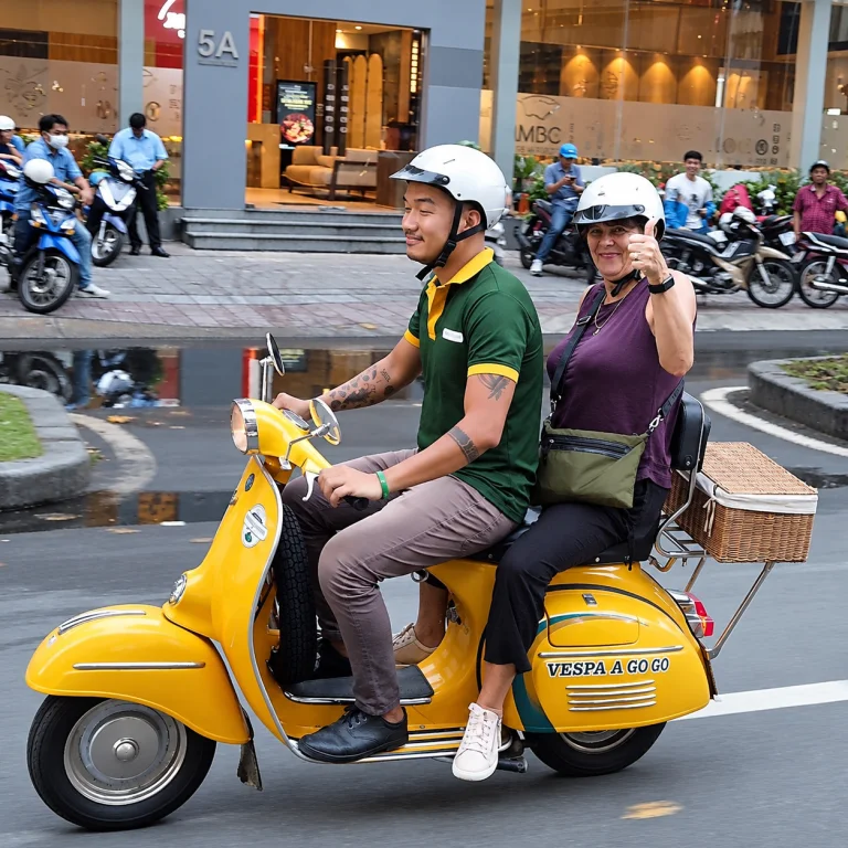 A smiling traveller riding pillion on a yellow vintage Vespa through the city