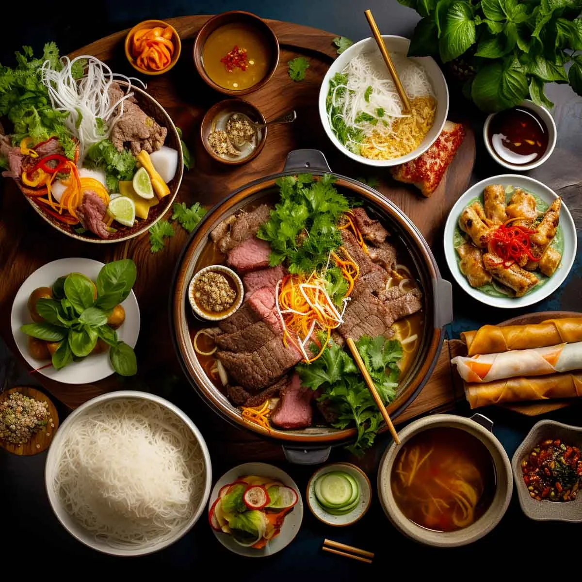 A Vietnamese feast laid out to share