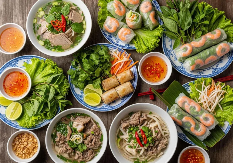 A table of Vietnamese dishes, from fresh rolls to pho