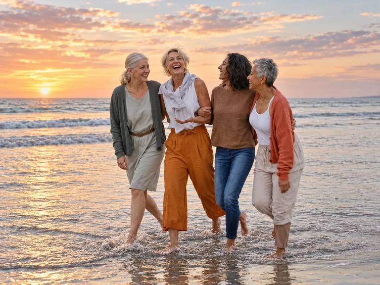 Four women friends laughing as they walk barefoot through the surf at sunset