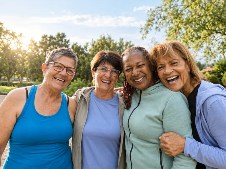 Four women friends hugging and laughing outdoors on a sunny day